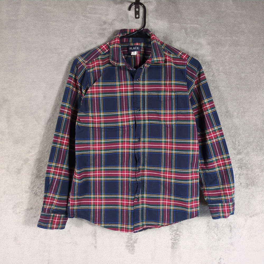The Childrens Place Boys Blue Red Plaid Flannel Button Down Shirt Size XL 14